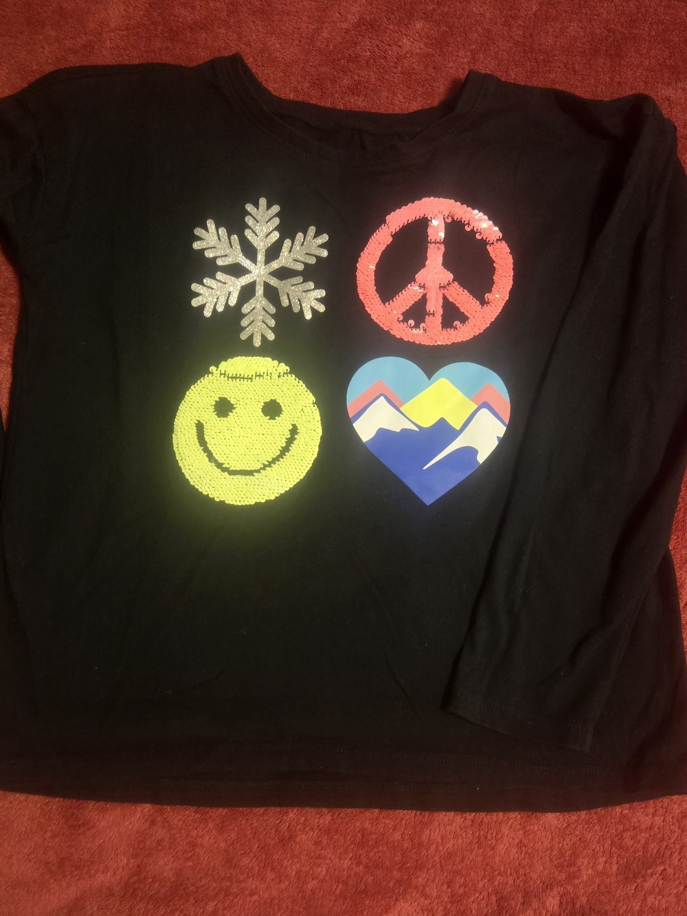 Kids Black Graphic Long-Sleeve Tee with Colorful Icons